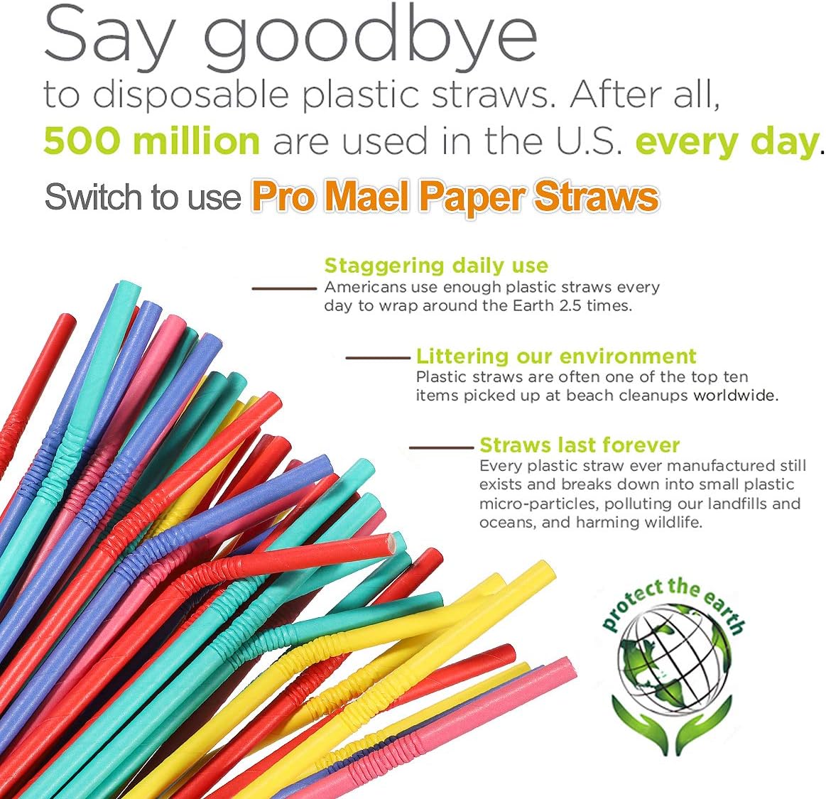 Pro Mael Paper Drinking Straws, Flexible Straws for Juices, Shakes, Smoothies, Disposable Straw for Birthdays, Weddings & Party (200 Pack, 5 Colors)