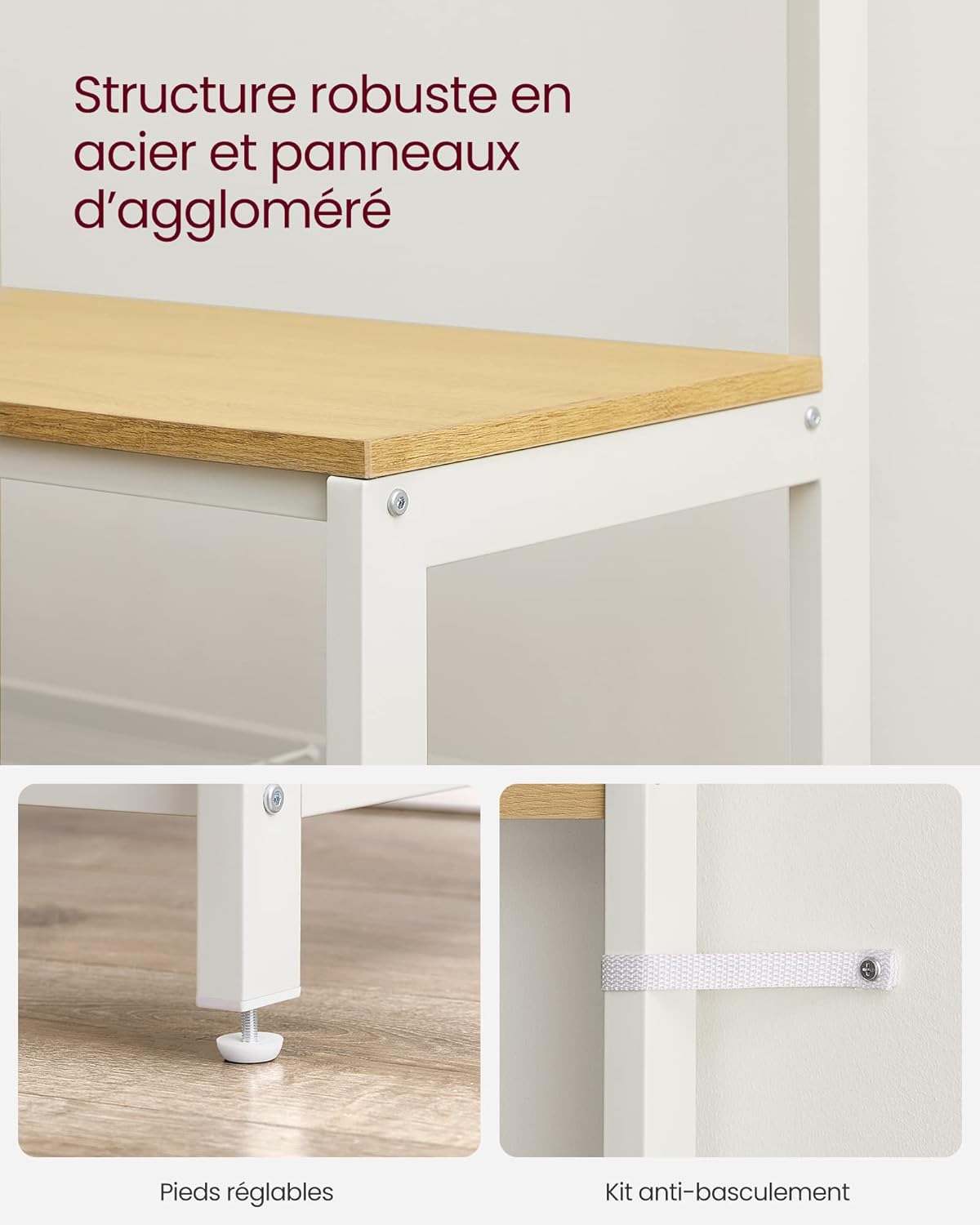 Close-up of adjustable feet and anti-tipping kit for stability