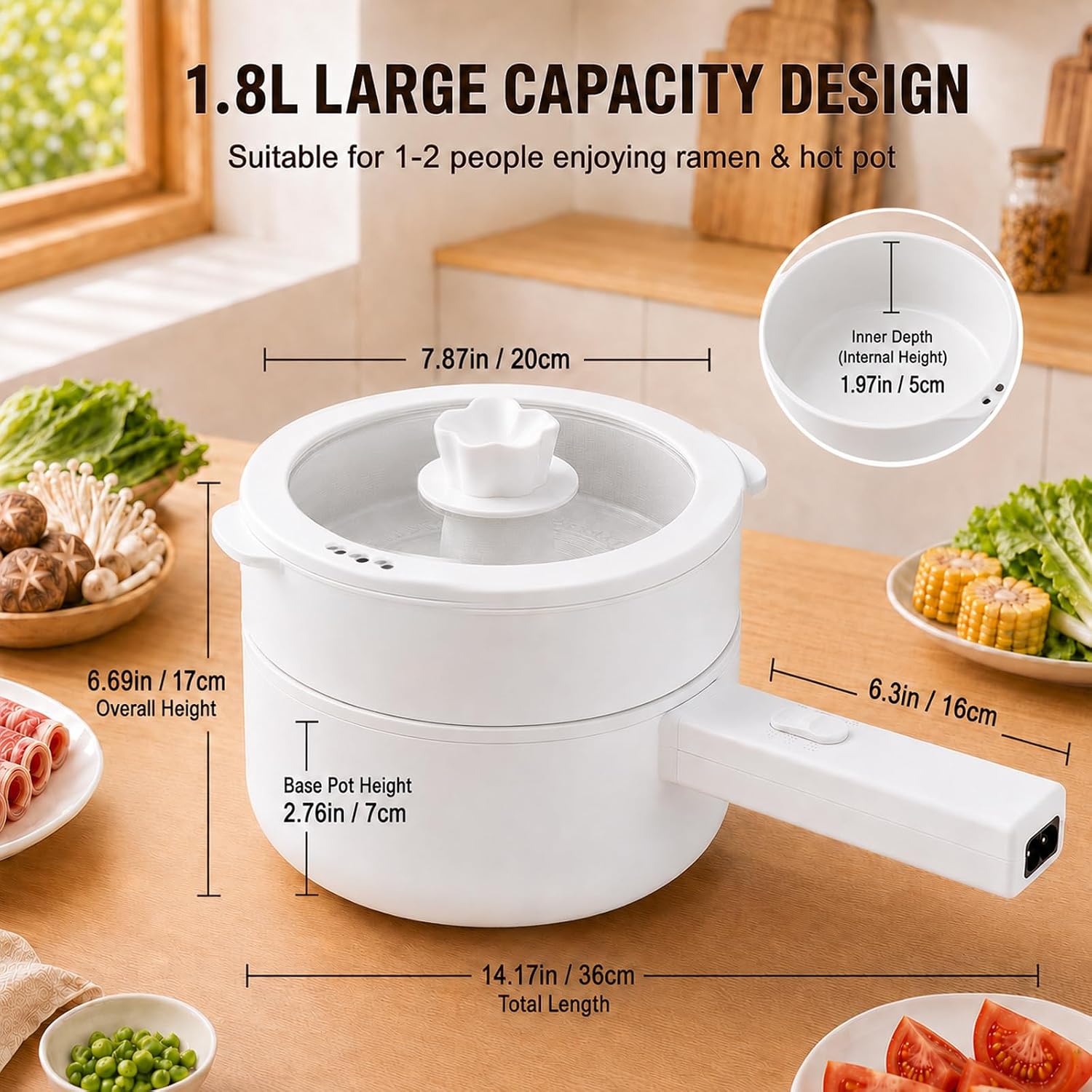 1.8L Electric Hot Pot with Steamer Basket & Glass Lid, 1Person | Compact 1 Person Ramen Cooker for Dorms, Apartments & Offices; 350W/700W Dual Power for Soup, Noodles, Steaming & Hot Pot
