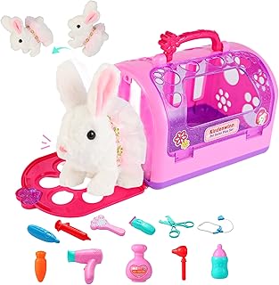 Easter Realistic Bunny Toys - 14-Piece Rabbit Toys with 6" Plush Bunny, Sounds, Hopping and Walking Action, Wiggling Ears, Twitching Nose & Rabbit Cage - Ideal Gift for Girls, Toddlers, Easter
