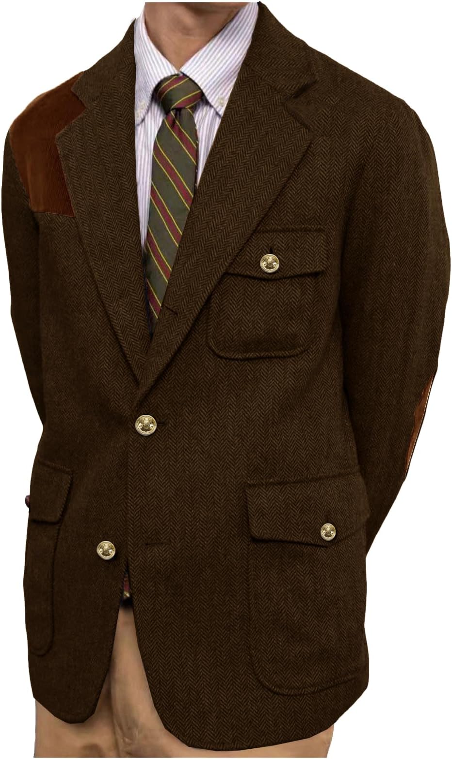 Men's Herringbone Blazer Vintage Tweed Sport Coat Casual Business Suit Jacket with Suede Elbow Patches
