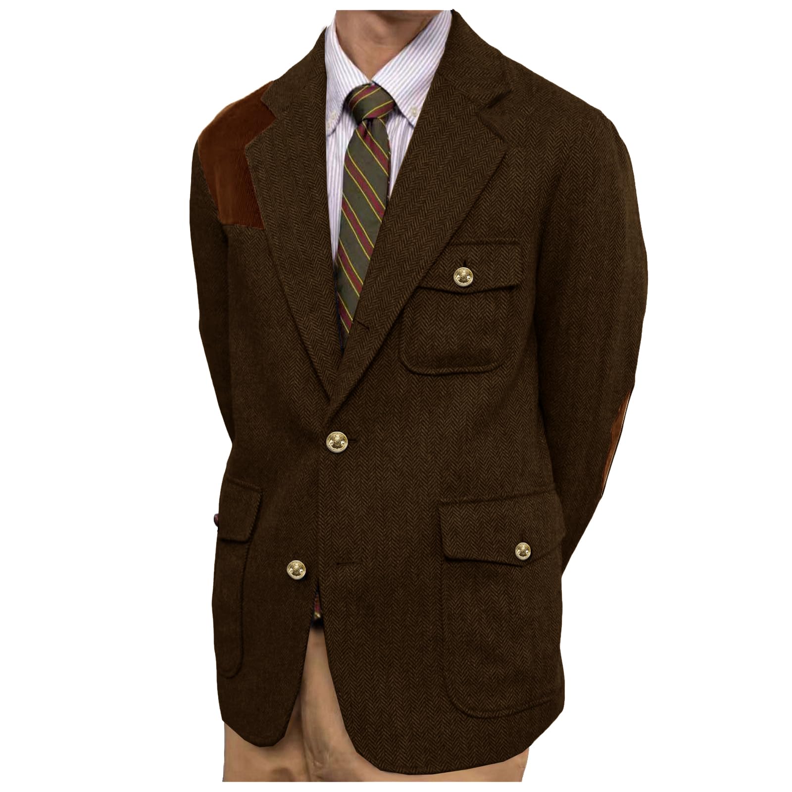 Men's Herringbone Blazer Vintage Tweed Sport Coat Casual Business Suit Jacket with Suede Elbow Patches