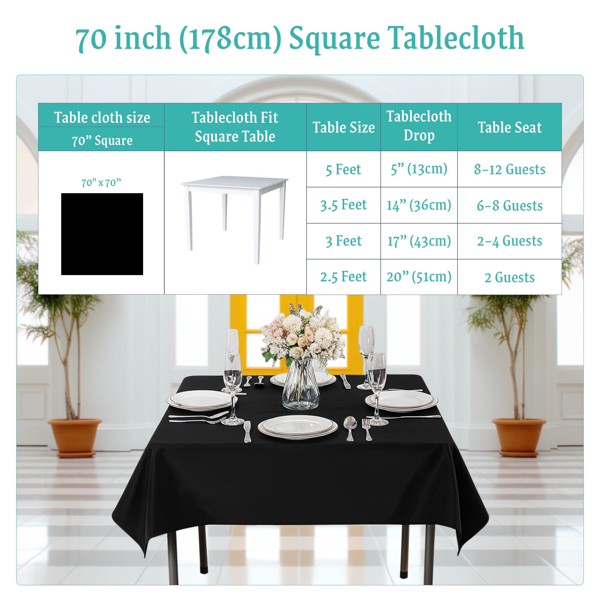 Trimming Shop Tovaglia quadrata nera in poliestere, 177,8 x 177,8 cm, tovaglia in tessuto lavabile per tavolo da pranzo, banchetti, matrimoni, Natale, compleanni, feste, 10 pezzi