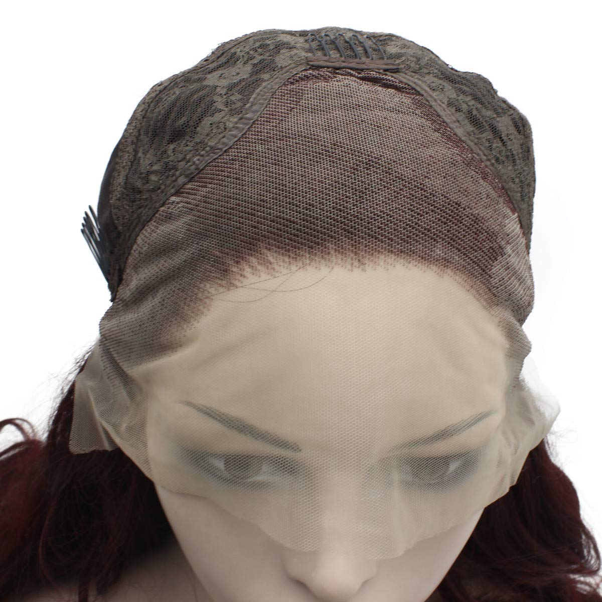 Mxangle Long Wavy Dark Red Half Hand Tied Synthetic Lace Front Wig Heat Resistant Fiber Hair Natural