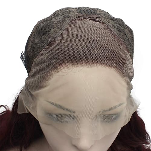 Miniatura 6 de Mxangle largo ondulado rojo oscuro medio atado a mano sintético encaje frente peluca resistente al calor fibra pelo natural