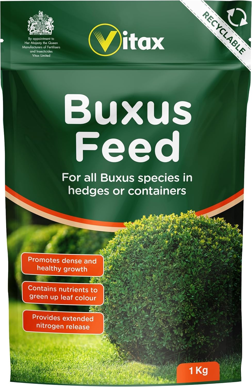 Vitax Buxus Feed โ Promotes Healthy Growth, Green Foliage & Disease Resistance Specially Formulated Fertiliser for Buxus, Box, and Buxus Sempervirens (1Kg Pouch)