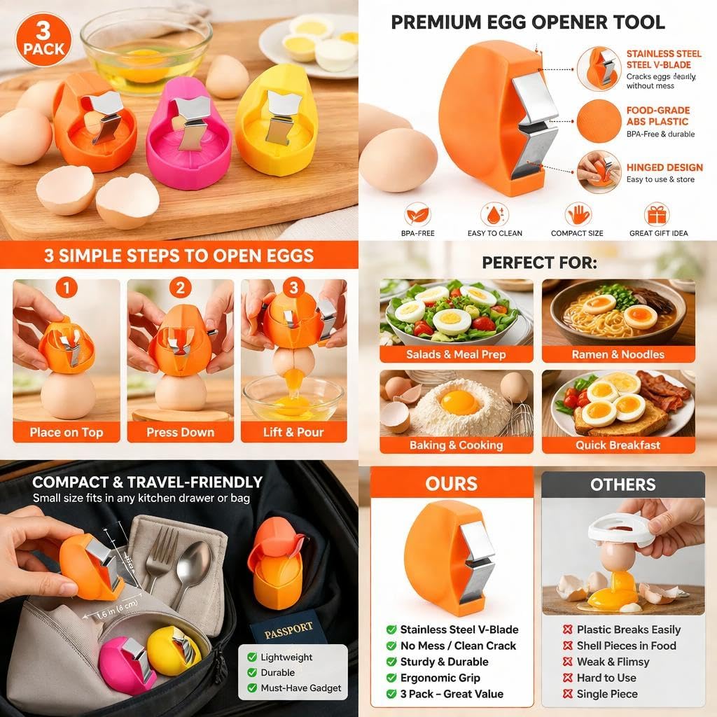 3 PCS Egg Shell Opener for Raw Eggs, Stainless Steel Egg Cracker & Egg Separator Tool, Upgraded Egg Shell Cutter for Quickly Opening Eggs, Kitchen Gadget for Baking, Cooking, Breakfast & Home Use