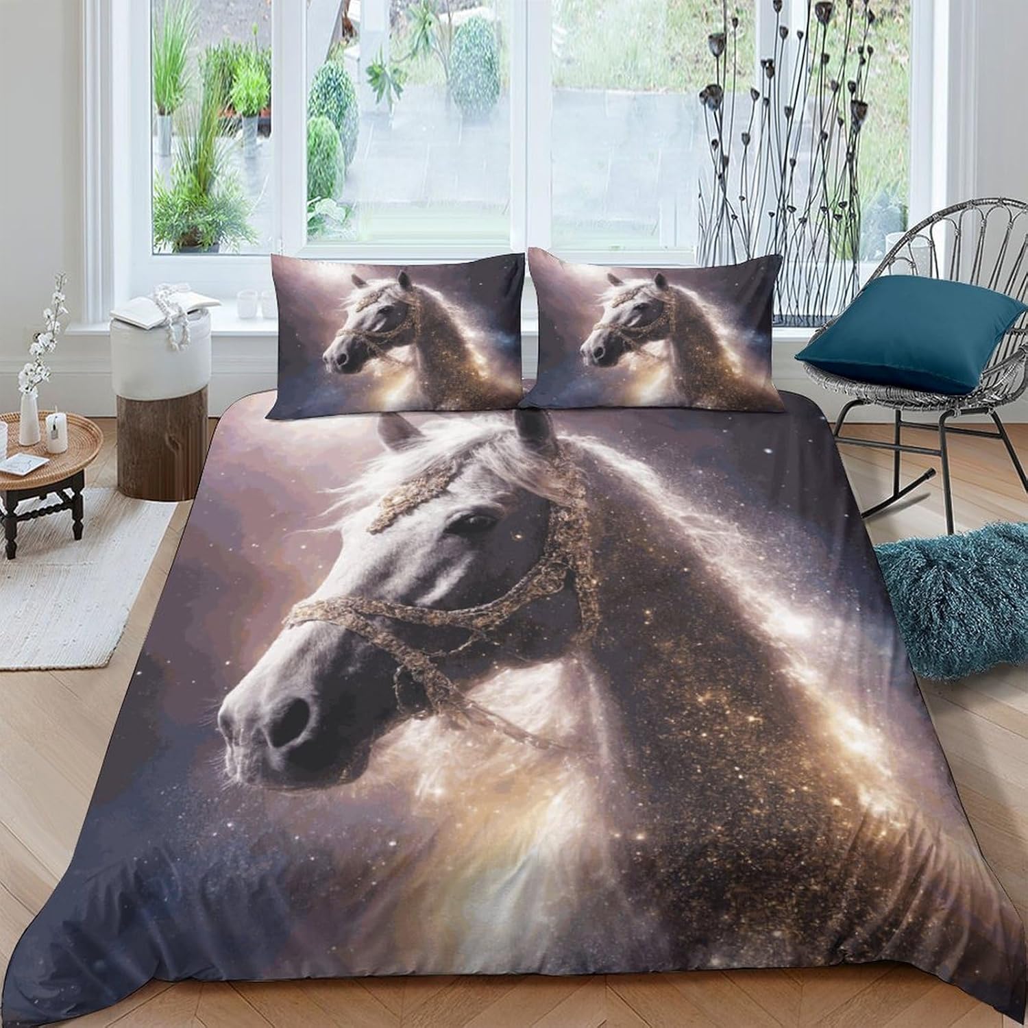 Housse de couette cheval 240x220 cm hypoallergénique anti-glisse avec zip
