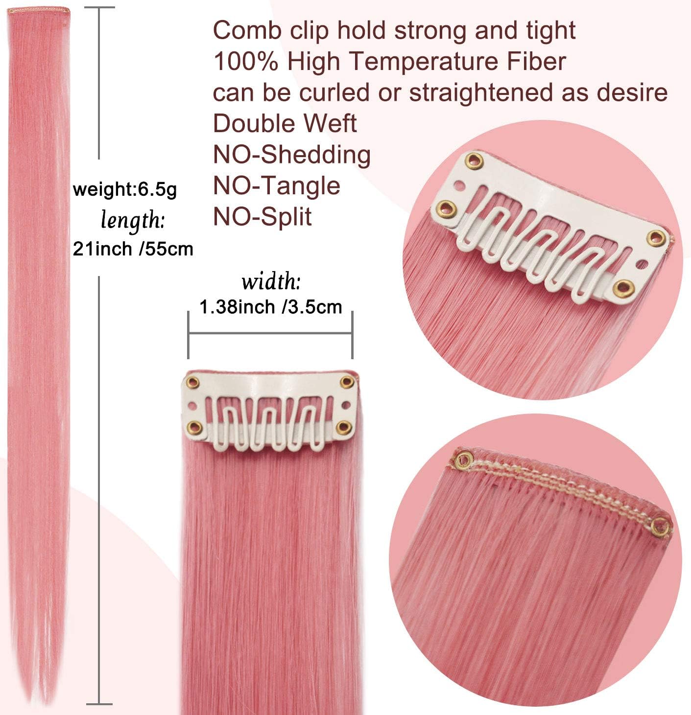ZHAOWWEI Princess Colorful Extensions Multi-Colors Party Highlights Streak Synthetic Hairpieces Clip-In/Clip On Colored Hair Extensions(Light Pink) - Image 4