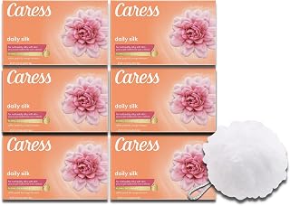Caress Beauty Bar Soap Bundle with Bonus bath Sponge Loofah For Silky, Soft Skin Daily Silk With Silk Extract and Floral Oil Essence 3.75 oz (6)
