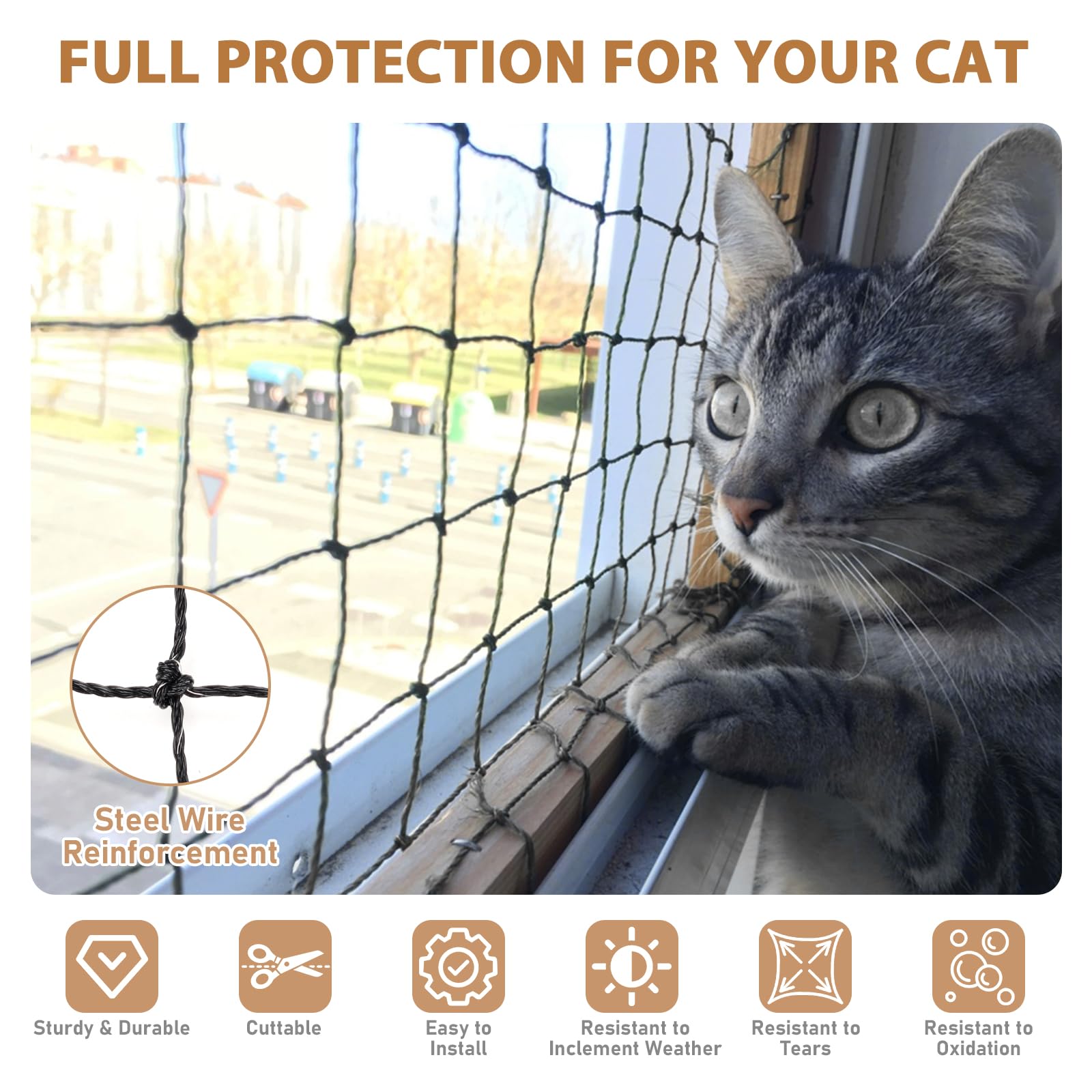 3x6m Filet de Protection Chat Renforcé de Fil d'acier, Filet Chat Balcon, Filet de sécurité pour Chat avec kit de Fixation pour Balcons, Terrasses, Fenêtres, Noir