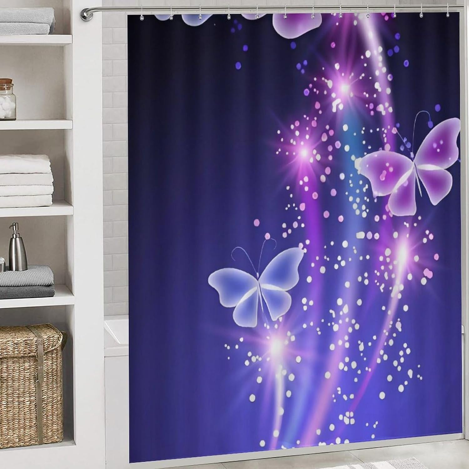Cute Purple Butterfly Shower Curtain Set 4 Piece, Non-Slip Bath Mat with Toilet Lid Cover and Waterproof Shower Curtain with 12 Hooks, Complete Bathroom Set for Home Decor