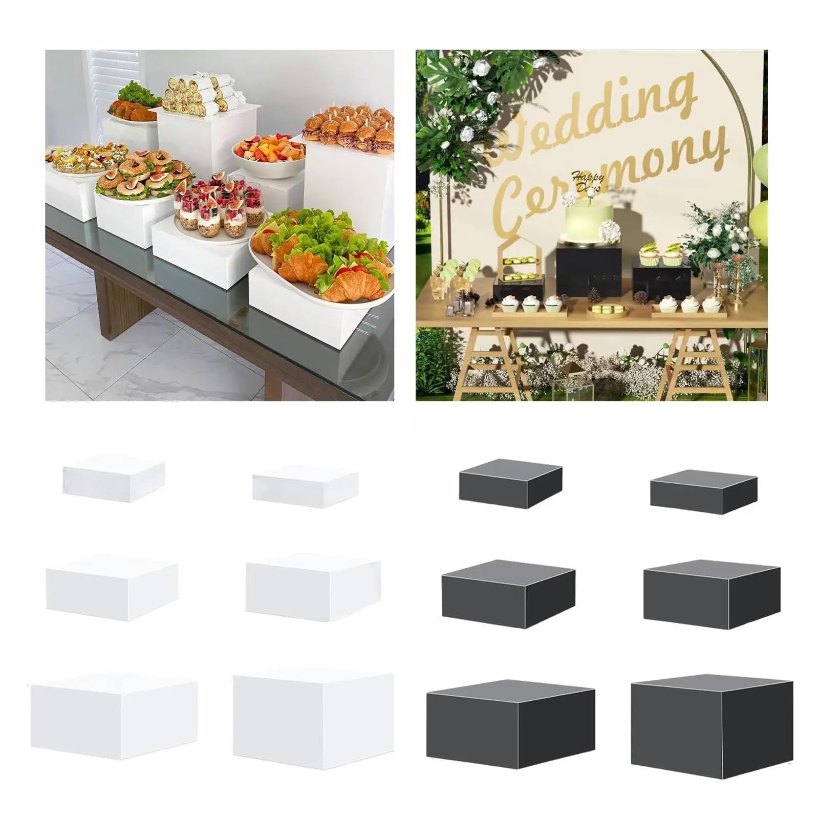 Soporte para bufé Caja de 6 elevadores exhibición for mesa buffet, soportes 5 lados anidados for joyería, artículos catering, coleccionables, cosméticos, pasteles(WHITE)