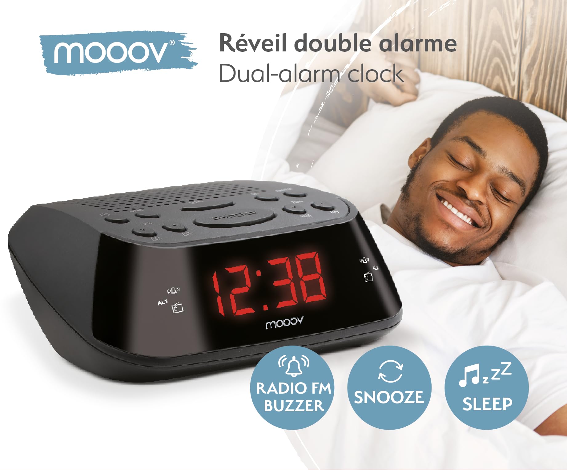METRONIC 477003 Radio-Réveil FM Double Alarme (Programmable Radio FM ou Buzzer) avec Grand Ecran Affichage Rouge, Fonction Snooze, Alimentation Secteur + Sauvegarde Piles, Simple d'Utilisation - Noir