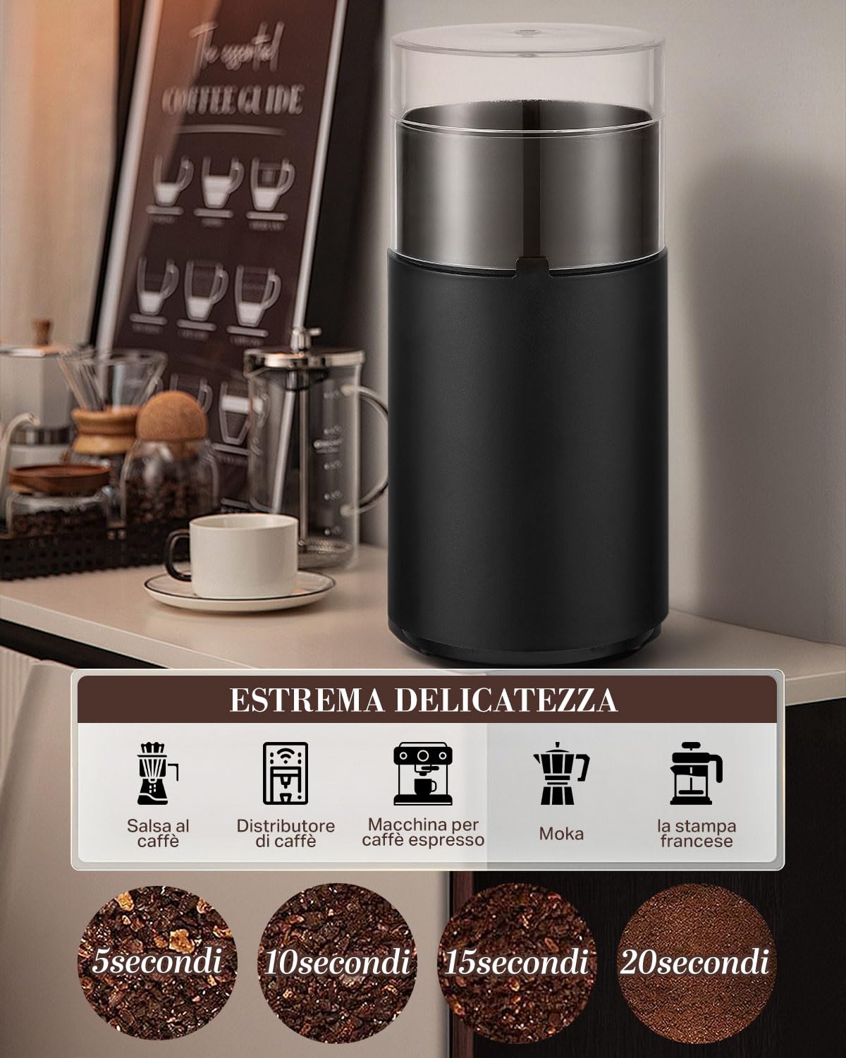 Maxesla Macina Caffè, Macinacaffè Elettrico, Macinatore di Spezie Silenzioso, Mulino da Caffè One Touch, Utilizzato per Fagioli, Spezie con Spazzola Pulita, Acciaio Inossidabile, HB-180-IT