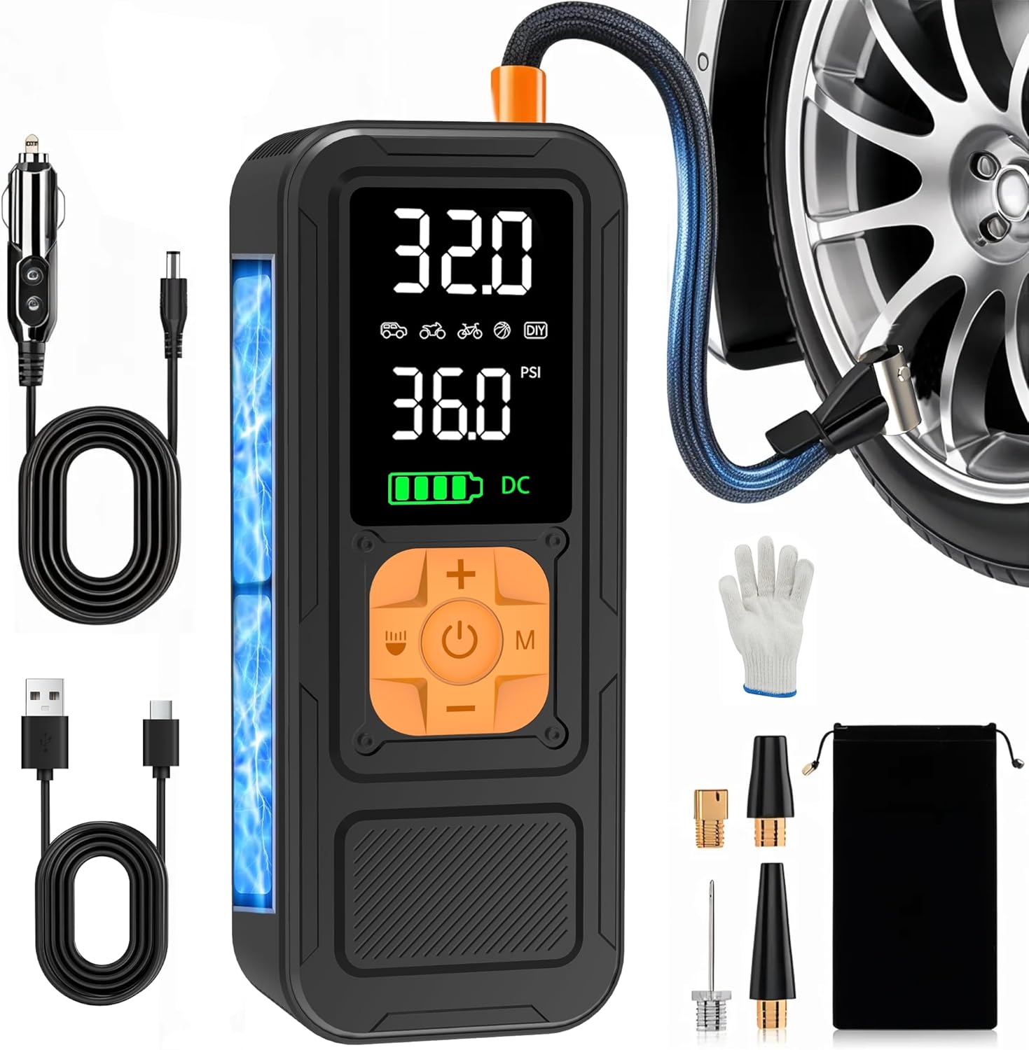 Y34 Tire Inflator Portable Air Compressor,4X Faster Inflation,6000mAh Cordless/12V DC 150PSI Air Pump with Digital Pressure Gauge for Car,Motorcycle,Bike,Ball Easter Gifts for Him