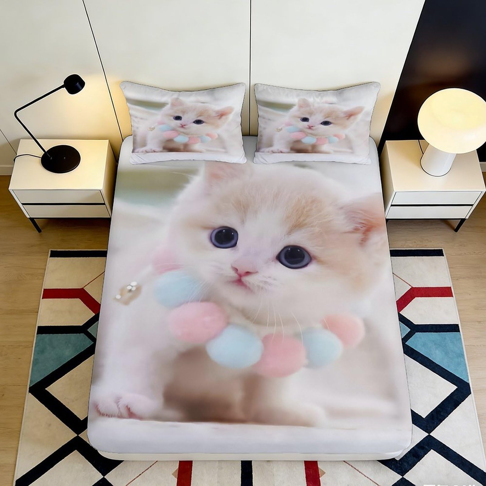 Uynsixtme Style-2 3D Printed Cute Cat Fitted Sheet Microfiber Non-Slip Deep Pocket Bedroom Cat Mattress Fitted Cover For Adults Teens 90X200x25cm