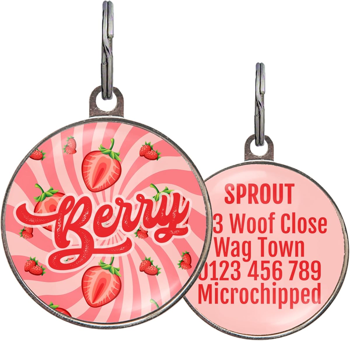 Etiqueta para perro Berry – Nombre personalizado en el frente y texto en la parte posterior – Identificación de mascota personalizada para perros y gatos – Doble cara, liviana, resistente a los rayones – Diseño único inspirado en fresas – 2 tamaños