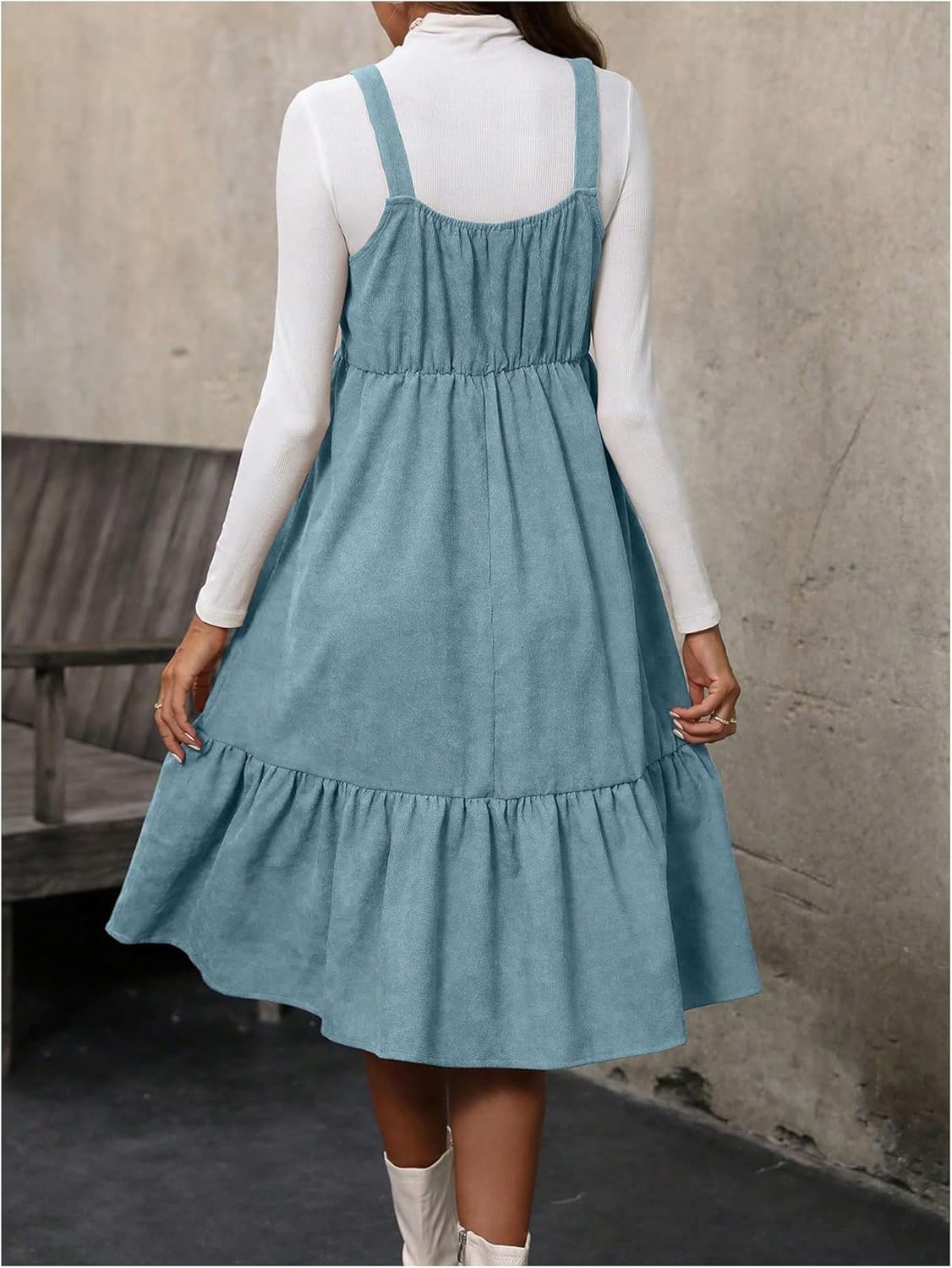 WDIRARA Women's Button Front Sleeveless Ruffle Hem Pinafore Dress Corduroy Jumper Dress - Image 2