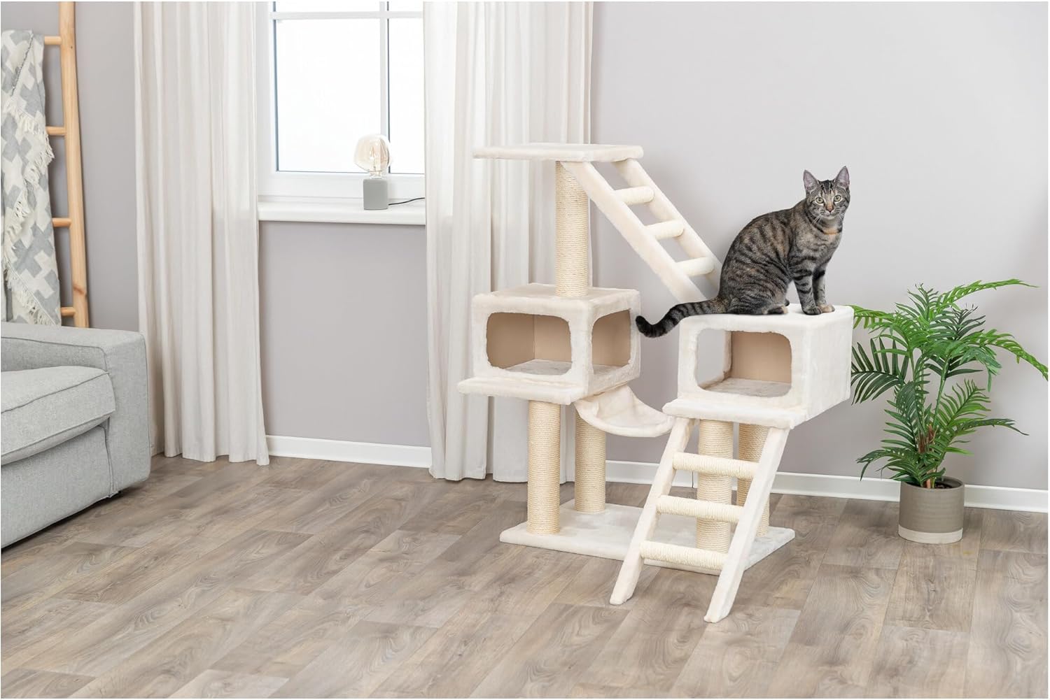 TRIXIE Malaga Cat Tower – Cat Tree with Extra-Thick Sisal Posts, Caves, Platforms & Hammock – Durable Cat Furniture for Indoor Cats – Beige, 18" x 28" x 43"