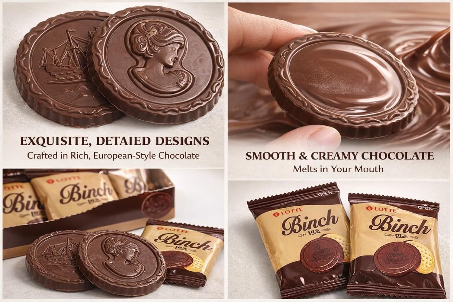 Binch Korean Chocolate Biscuit, Pack of 2 (48 Pcs, Total 408g) – Premium Half Chocolate & Half Biscuit – Imported K-Snack, Perfect with Coffee or Tea