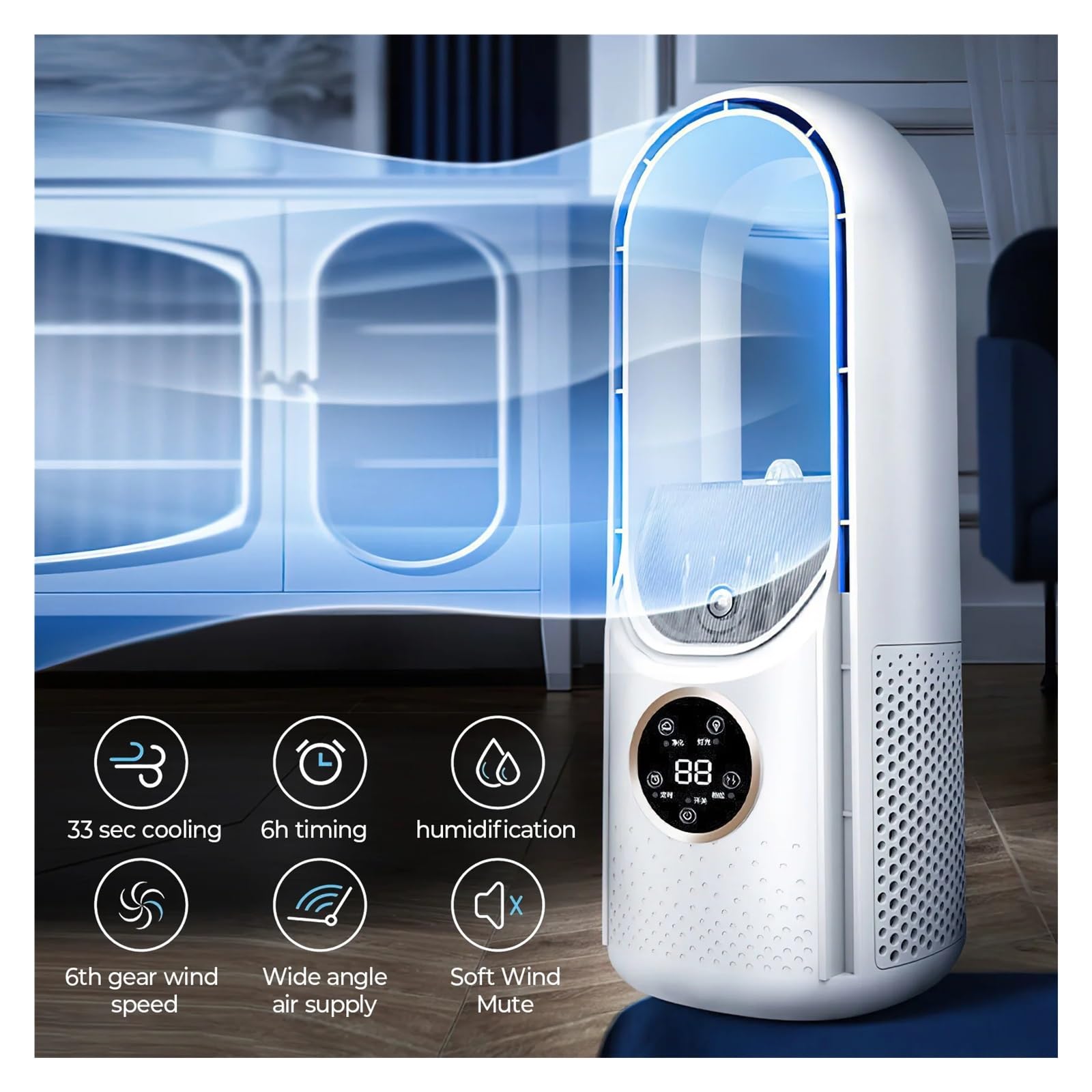 Ventilador de torre sin aspas con humidificador, silencioso aire acondicionado USB de 6 velocidades para el hogar y la oficina, solución de refrigeración de bajo consumo