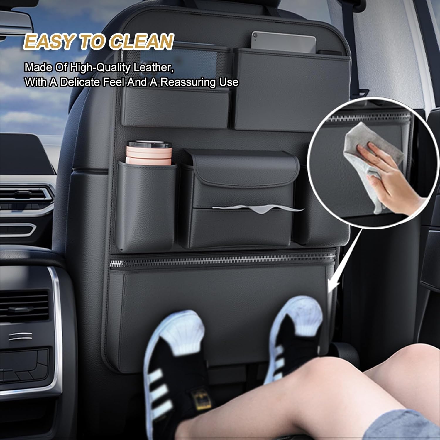 Leather Car Seat Back Protectors Kick,Backseat Car Organizer,Universal Car,with 6 Different Size Storage Pockets,Mats Travel Accessories
