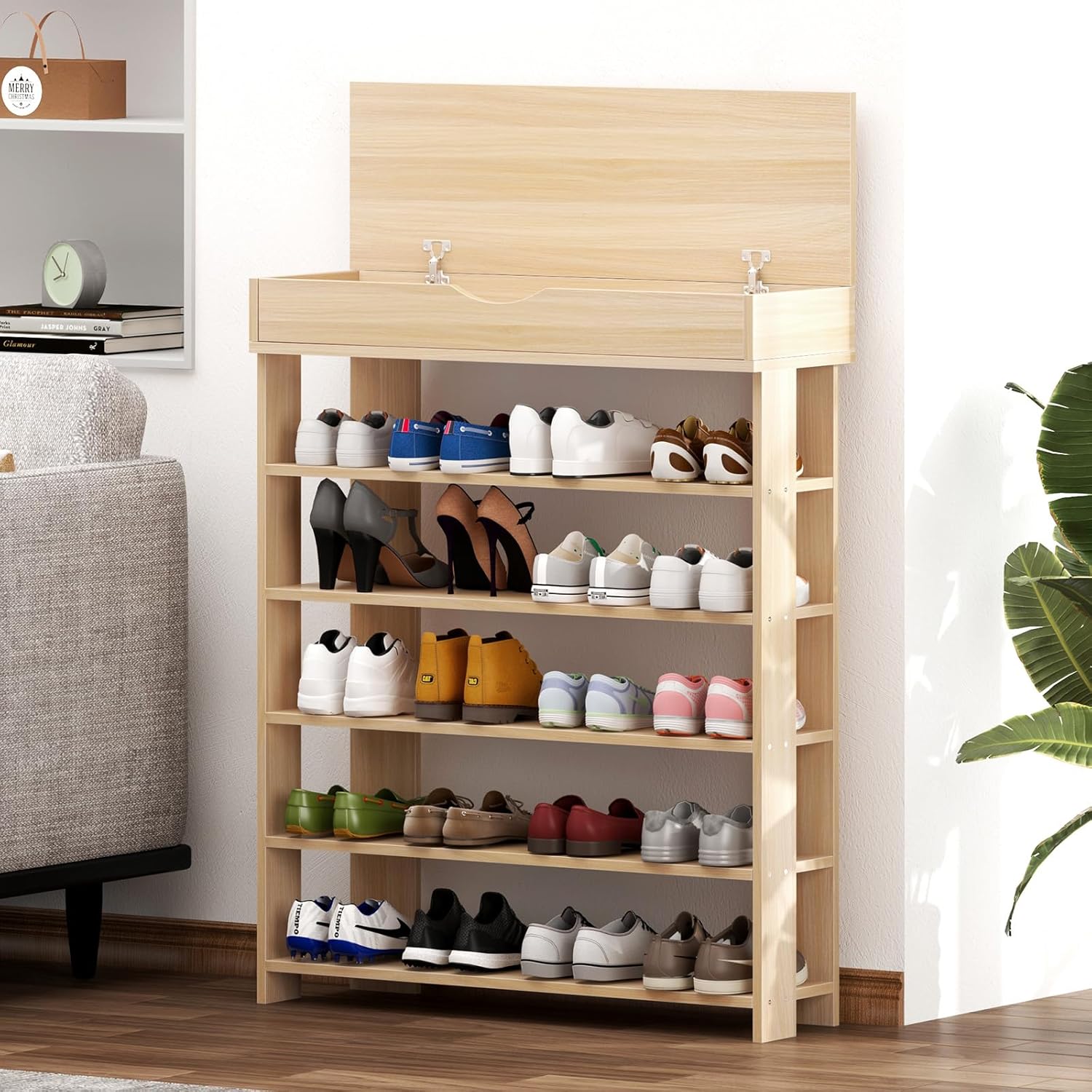 SogesGame 5-Tier Shoe Rack 29.5inch Wooden Shoe Storage Shelf Shoe Organizer for Entryway,Maple,L24-MP-S8-US