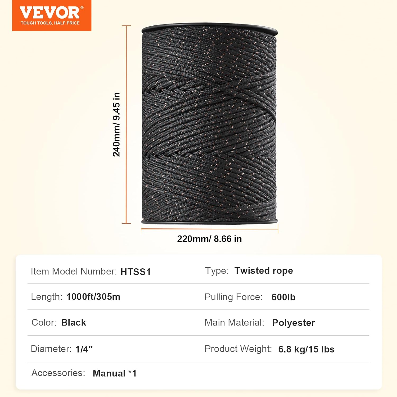 VEVOR Electric Fence Wire, 1000Ft 305M Portable Polywire, 1/4" Diameter 2 Copper Strands for Reliable Conductivity and Rust Resistance, Fencing Rope Line for Horse, Cattle, Livestock