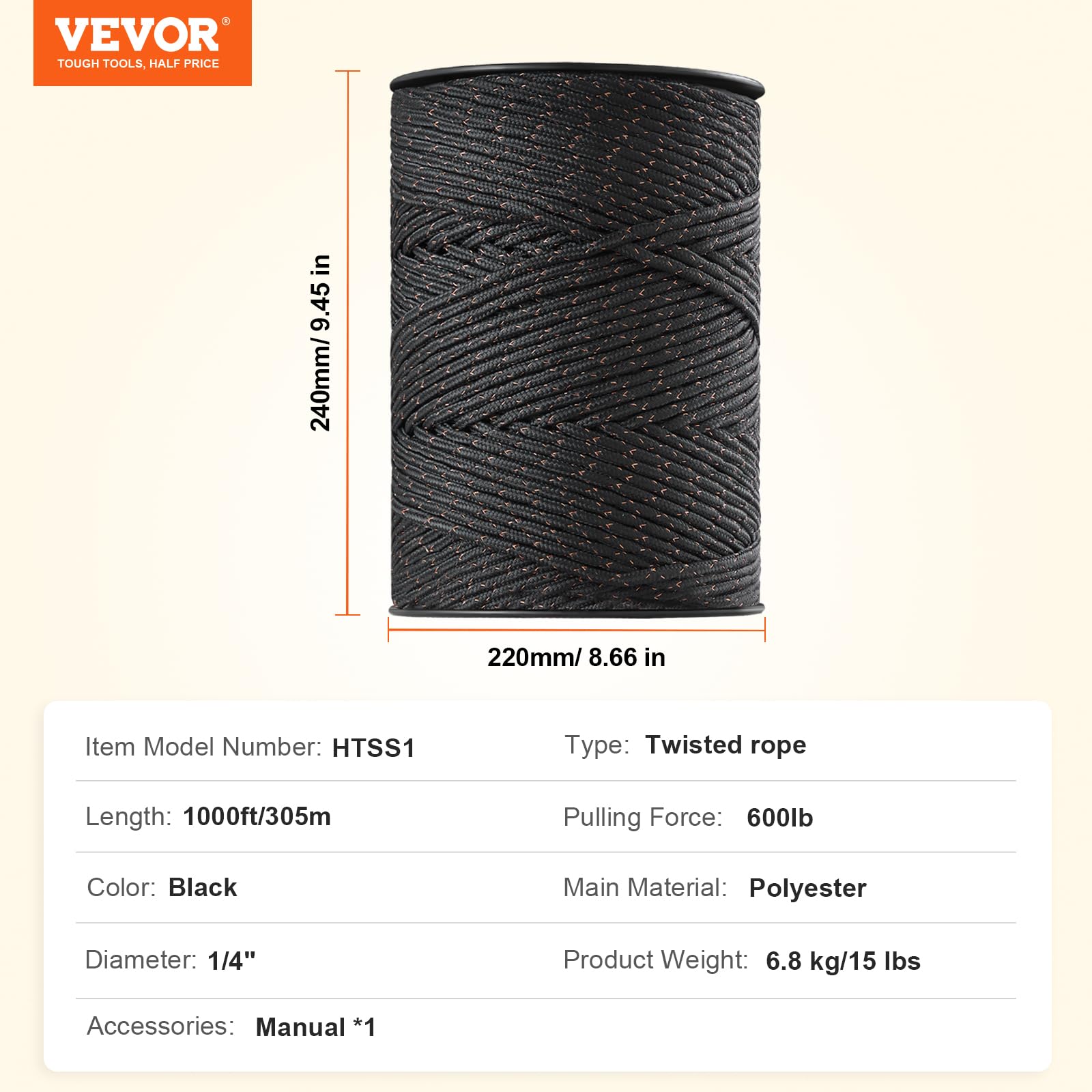 VEVOR Filo per Recinzione Elettrica, 305 m Filo Polietilene Portatile 6,3 mm Diametro, 2 Fili di Rame con Conduttività e Resistenza alla Ruggine, Linea Corda Recinzione per Cavalli, Bovini, Bestiame
