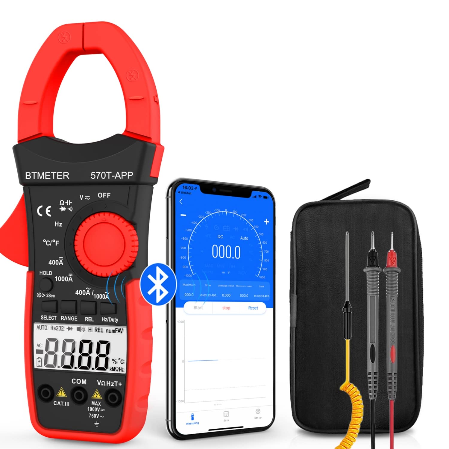 BTMETER BT-570T-APP clamp multimeter, a smartphone displaying the app interface, and a carrying case with test leads and temperature probe.