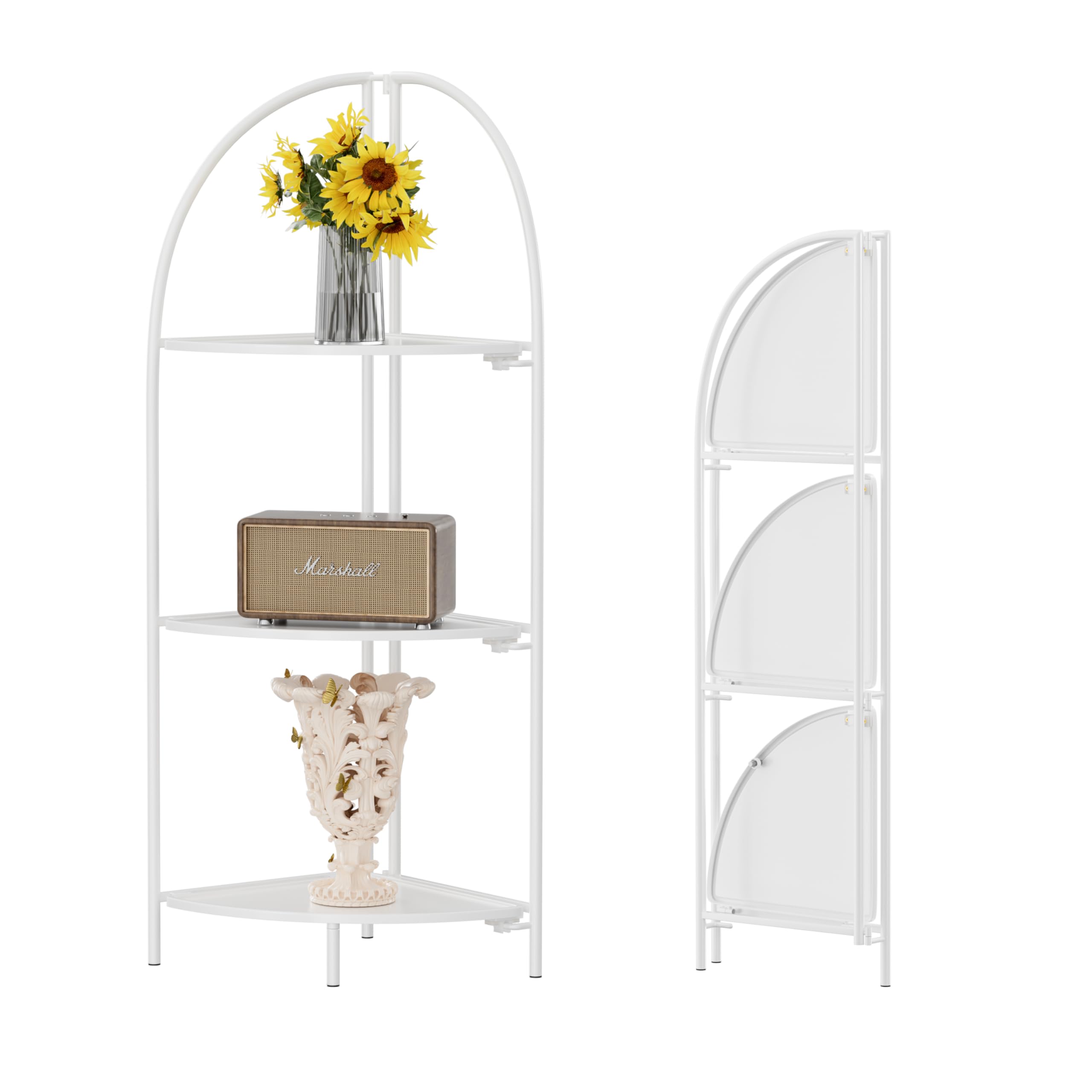 Crofy Foldable 3 Tier Corner Shelf, Metal Corner Plant Stand with White Frame and White Shelves, Corner Display Rack Multipurpose Shelving Unit for