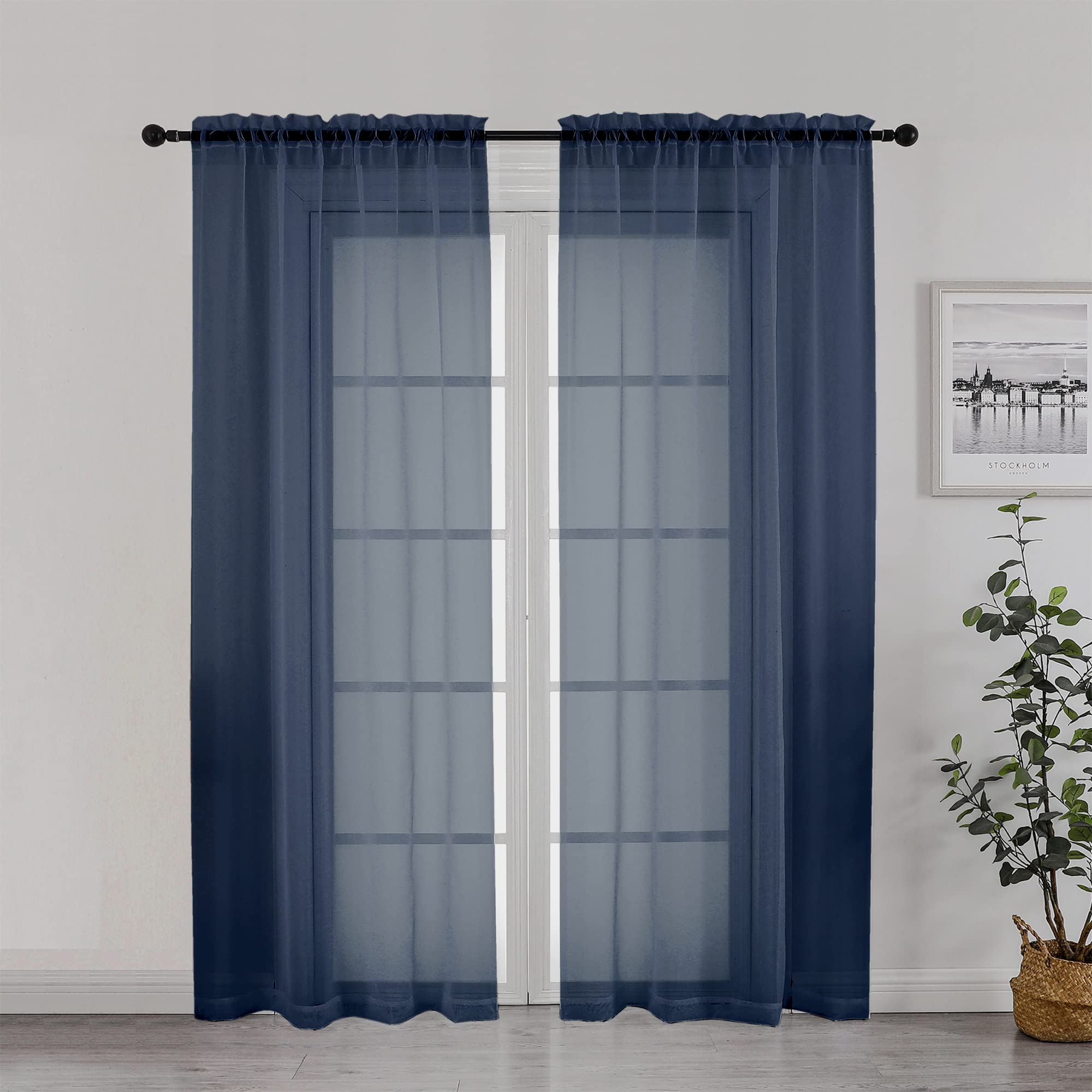 Chyhomenyc Set of 2 72" Sheer Curtains with Rod Pocket for Living Room, Bedroom, Semi-Sheer Curtains for Yard, Terrace, Villa, Living Room, 42" W x 72" L, Blue