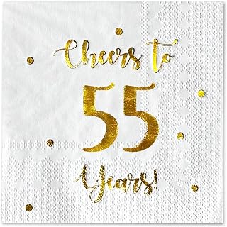 Cheers to 55 Years Cocktail Napkins | Happy 55th Birthday Decorations for Men and Women and Wedding Anniversary Party Decorations | 50-Pack 3-Ply Napkins | 5 x 5 inch folded (White)