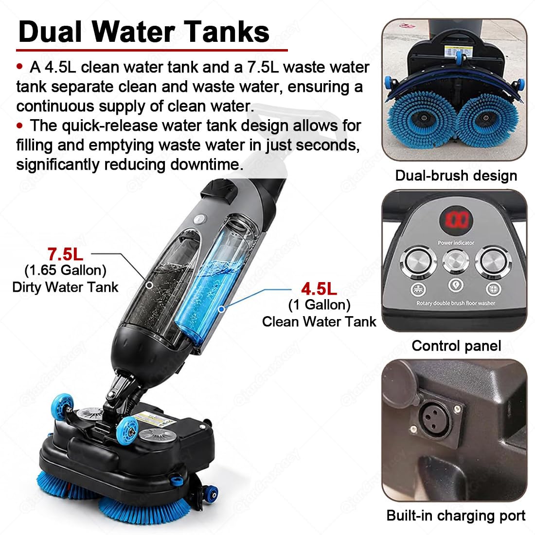 Scrubber Professionale con Serbatoi Separati da 4.5L E 7.5L,Spazzole di Pulizia Motorizzate da 430mm,Soluzione di Pulizia Efficace con Copertura di 1200 M²/H,per Domestico E Commerciale