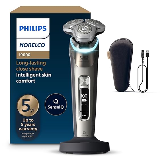 Philips Norelco Shaver i9000 Prestige - Wet & Dry Electric Shaver, Gold Oyster, Sense IQ Technology, Triple Lift & Cut System, 360 Rotating Dual SteelPrecision Blades, Quick Clean Pod, Model XP9203/81