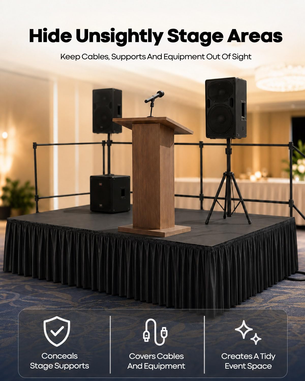 16Ft X 28 Inch Black Stage Skirt, Self-Adhesive Satin Stage Skirting, Stage Cover for Events, Performances, Wedding Staging, Parties, Banquets, Exhibitions, Graduations and Holiday Decorations