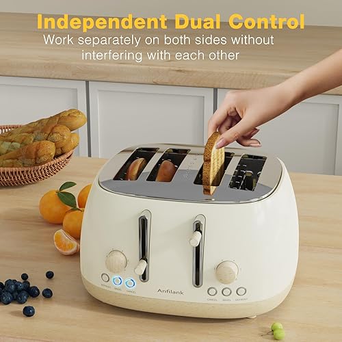 Miniatura 6 de Tostadora de 4 rebanadas, tostadora retro de acero inoxidable con ranuras extra anchas, doble panel de control independiente, cancelación, bagel,