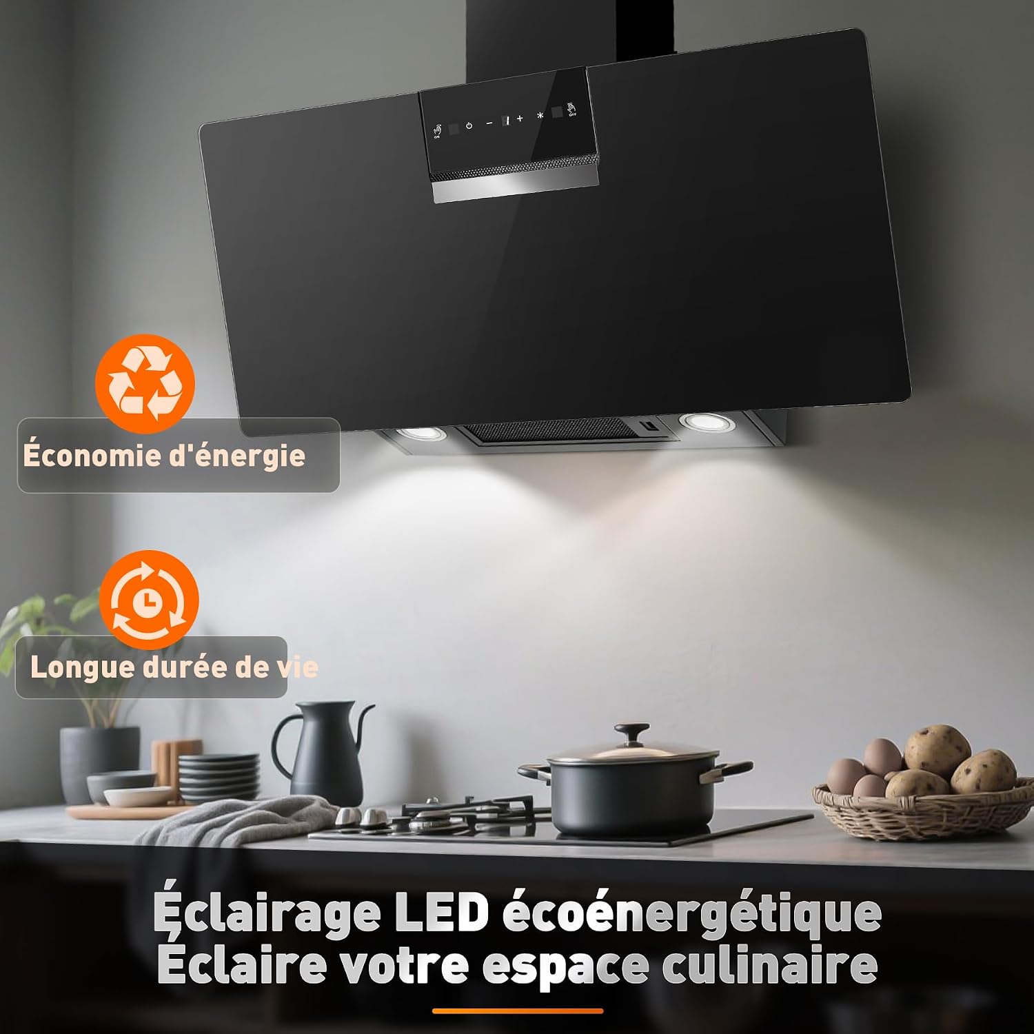 The range hood with its LED lights illuminated, highlighting energy efficiency and long lifespan.
