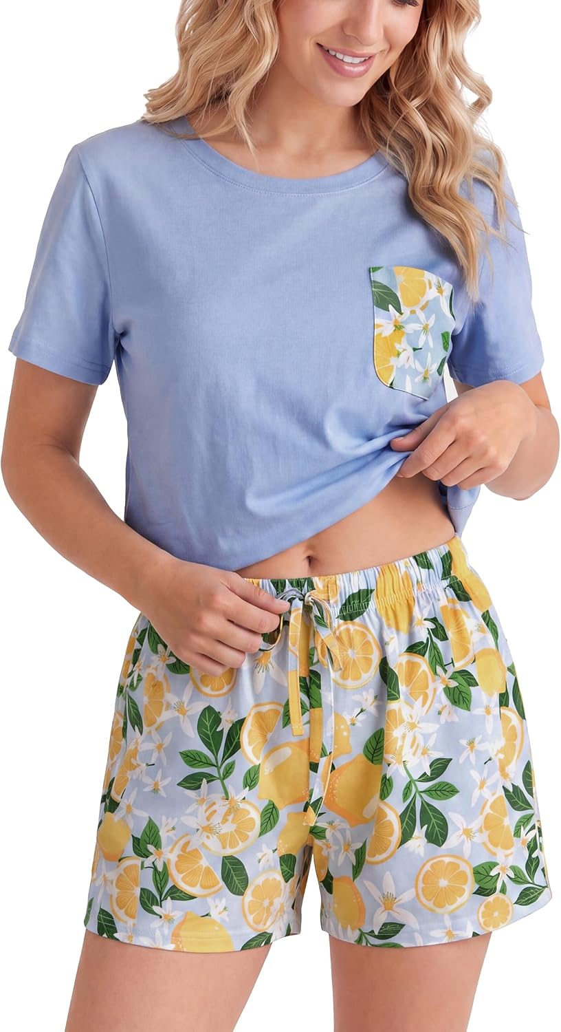 LUBOT 2026 100% Cotton Pajamas for Women PJ Loungewear with Pockets 2 Piece Soft Short Sleeve Summer Sleepwear Set S-XXL