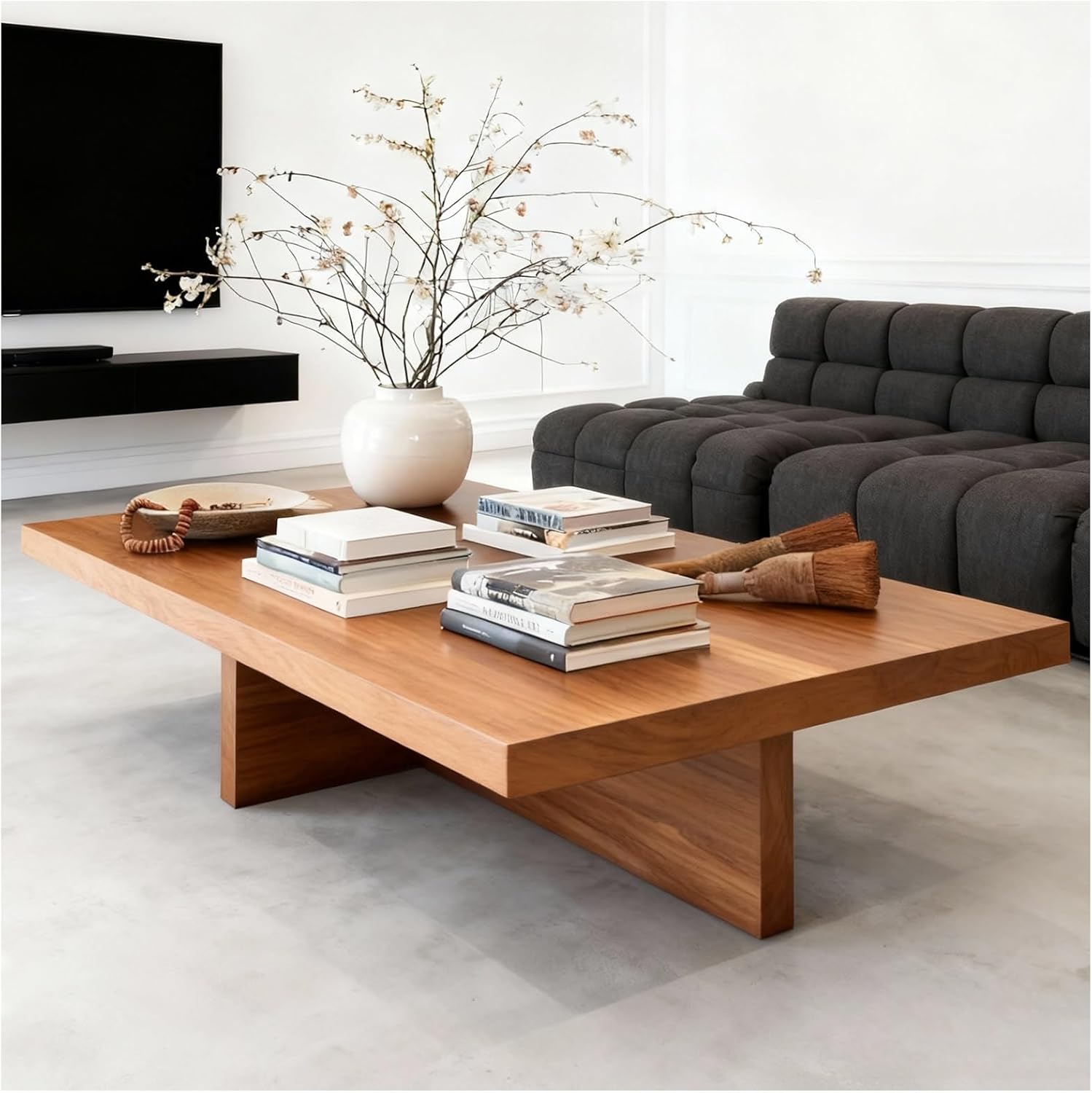 Pine Wood Rectangular Center Table, Modern Farmhouse Coffee Table with 2 Inch Thick Tabletop, Natural Grain, Rustic Wooden Coffee Tables for Living Room & Office(Light Walnut,55.1"x 27.6"x 17.7")