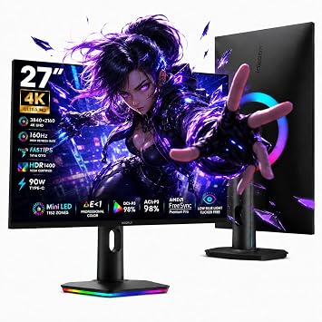 KOORUI QD-MiniLED 27-Inch Gaming Monitor, 4K Monitor, Dual Mode Compatible 4K@160Hz/FHD@320Hz, Fast IPS Panel, 1ms Fast Response, HDR1400 QD, Quantum Dot, Wide Color Gamut/Adaptive Sync/HDMI2.1/DP1.4/Type-C 90W/USB 3.0/VESA Mount Support Rotates both vertically and horizontally. Height Adjustable S2741LM