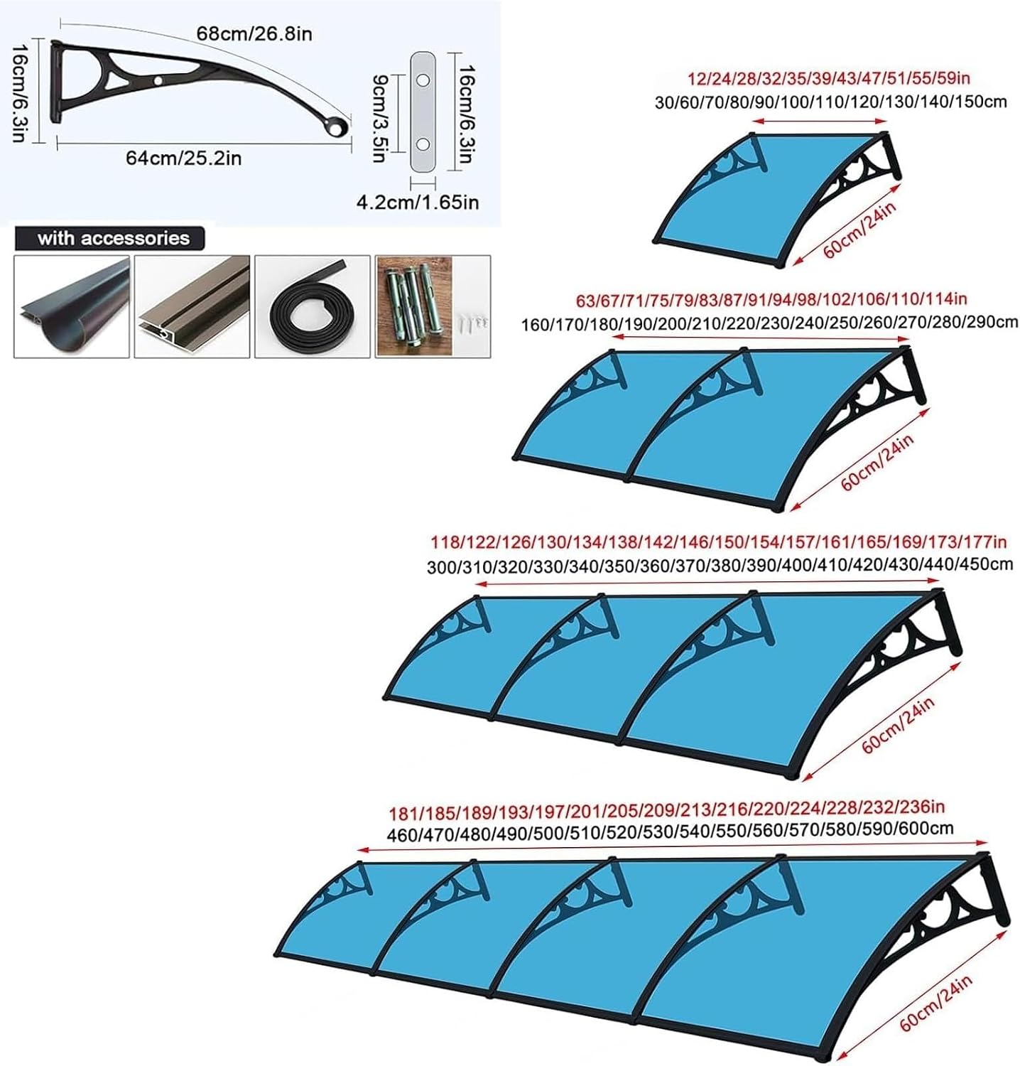 Outdoor Window Rain Shelter Cover,Window Awning with Aluminum Bracket,Back Porch Garden Awning, Uv Rain Snow Protection Awning, Modern Window Awning Door Canopy(60x480cm/24x189in)