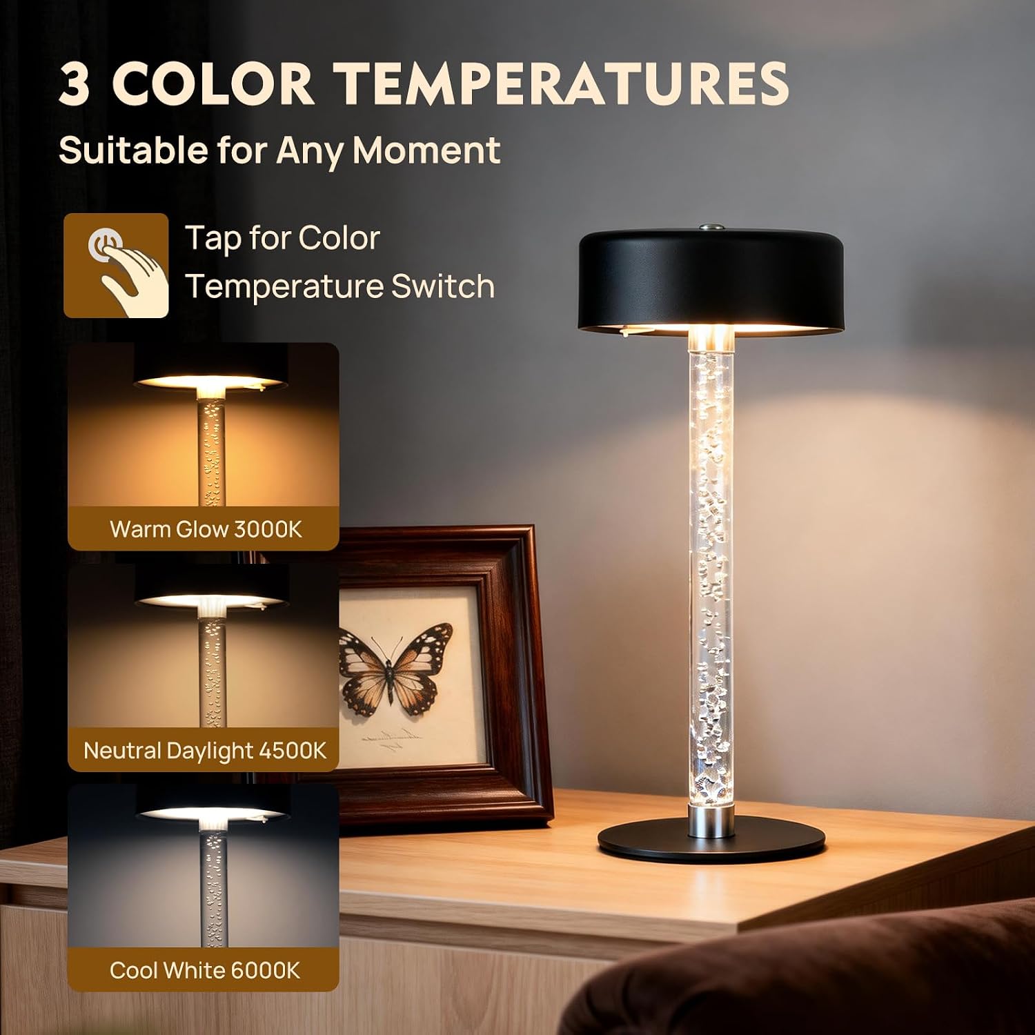 Waterproof Shower Rechargeable Lamp Cordless, LED Touch Battery Operated Table Lamp, Dimmable, Modern Home Decor, Outdoor, Patio, Bathroom, Bedroom, Bedside, Kitchen, Black