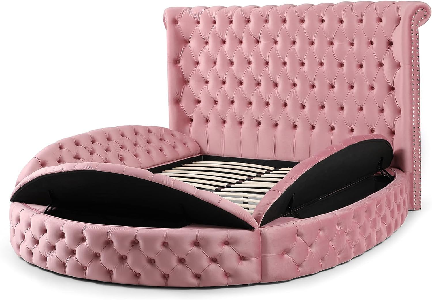 Woodpeckers Furniture And Mattress Upholstered Round Storage Bed (Pink, Queen (U.S. Standard))