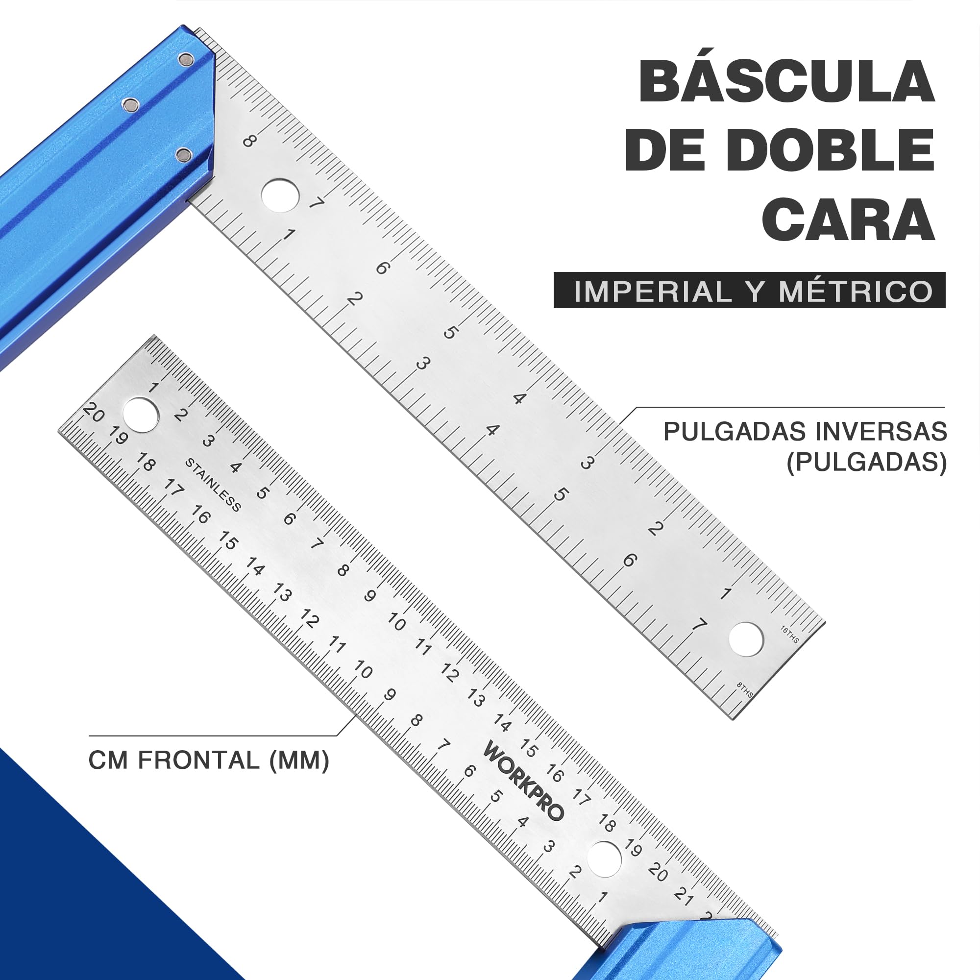 WORKPRO Escuadra para Carpintería con Mango de Aluminio, Precisión Cuadrada 200mm para Uso Profesional de Carpintería y Regla de Acero Inoxidable de Primera Calidad
