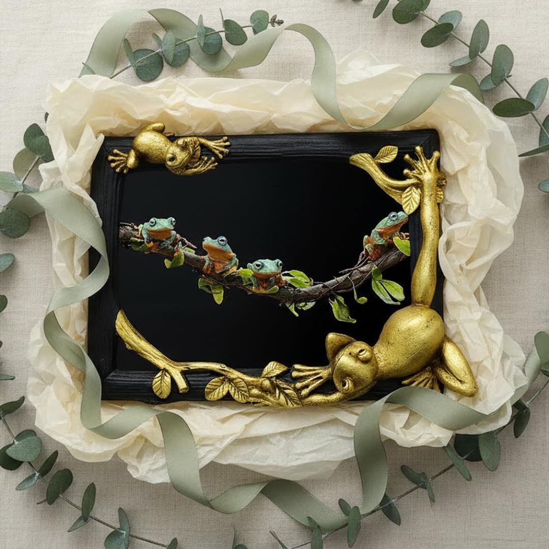 Decorative Tree frog Hand-Crafted resin Picture Frame for Tabletop Tree frog Mother and Baby Design Home Décor.. Wildlife Tree frog Figurine. Mother’s day gift （5″X7″） (Gold)