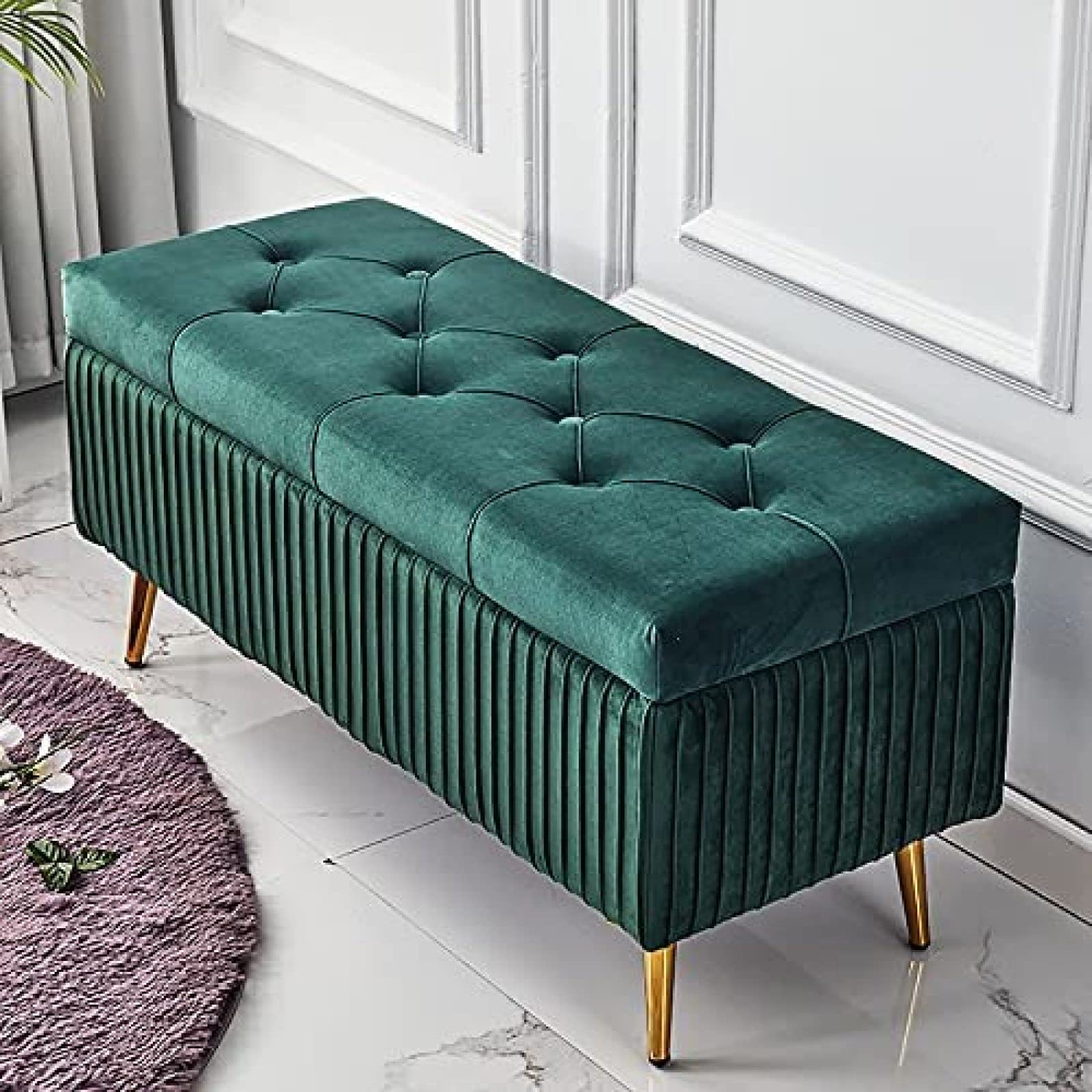 Banc de rangement en velours vert de 80 cm pour entrée et salon