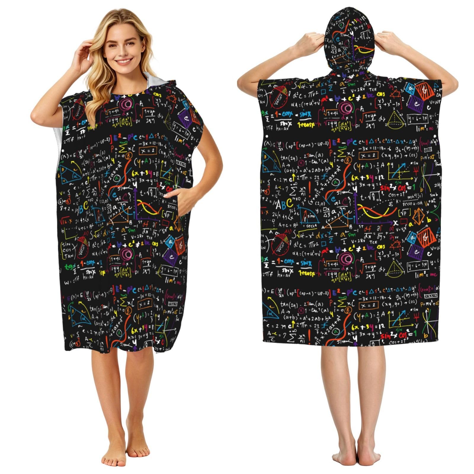 Poadnly Colorful Math Formula Print, Adult Hooded Beach Towel 90 x 110 cm,Changing Bath Robe, Surf Poncho Towel For Women Men