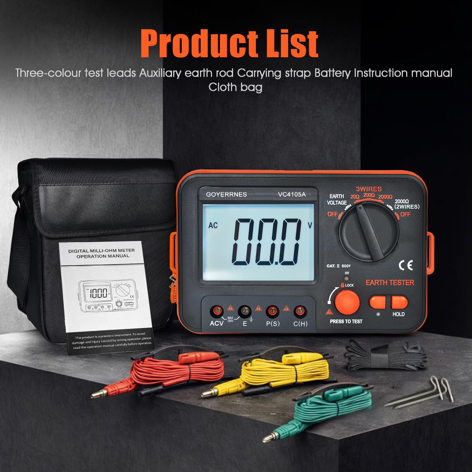 Megohmmetre de Medidor de Tierra y probador de aislamiento Rango de medición 0-1999 Ω Medición de resistencia a tierra y tensión alterna probador de tierra resistencia a tierra con pantalla LCD